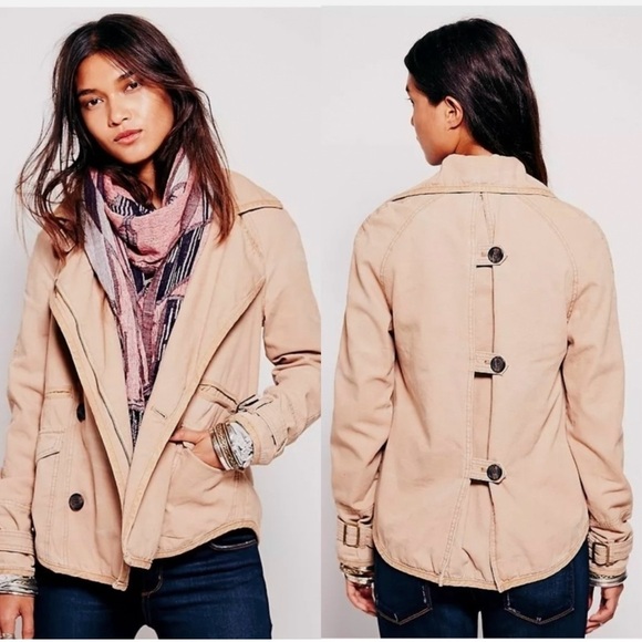 Free People Womens Big Ben Tipped Canvas Car Coat Size S Tan Jacket Peacoat Boho - Picture 12 of 12